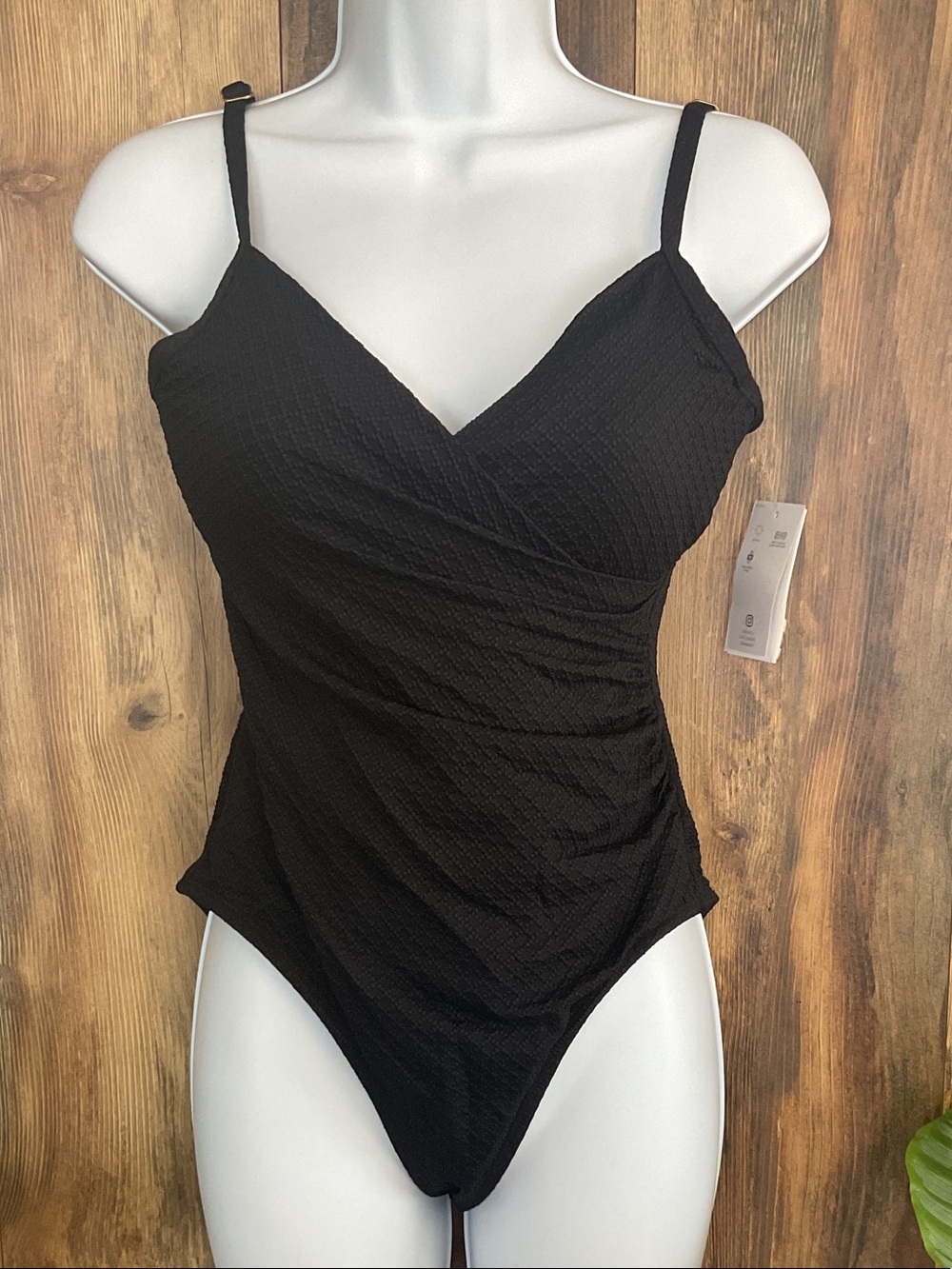 Lands' End Black Textured Ruched One-Piece Swimsuit NWT S
